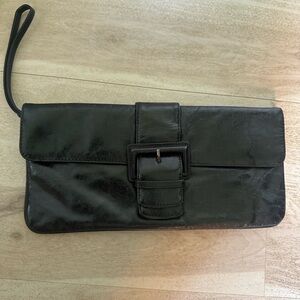 Black Leather hobo Clutch with Buckle and wrist strap